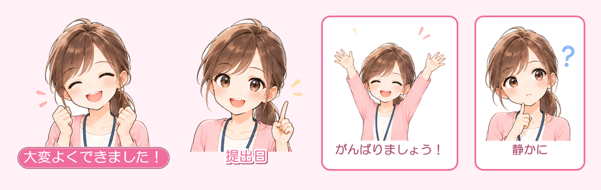 リボン、大きな文字、カードの3つのかたちで作った、スタンプの見本。